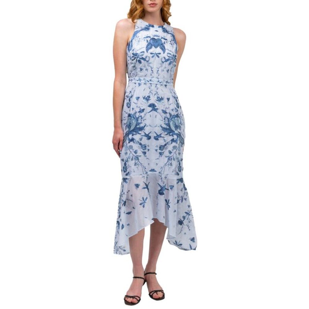 Marchesa Notte Womens  Threadwork Voile Handkerchief Dress, Blue